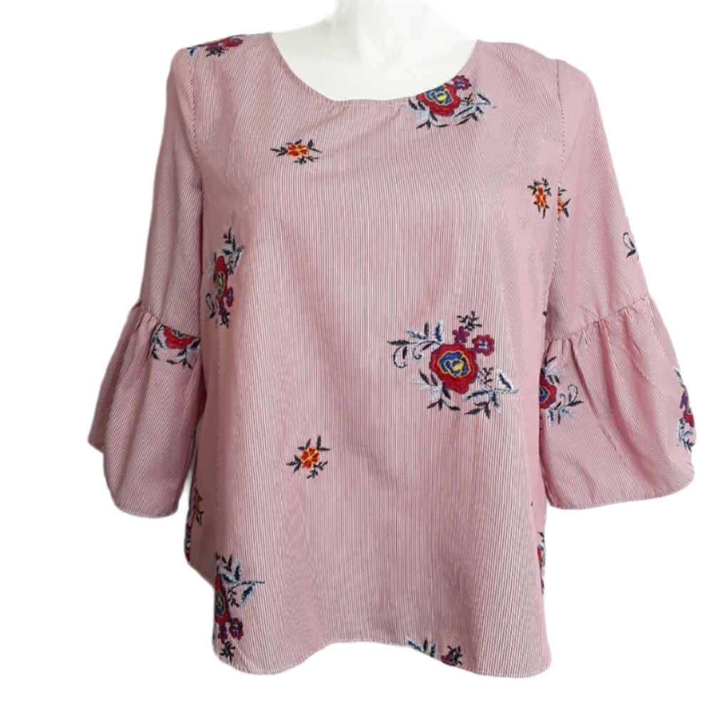 Nine West Red Stripe Embroider Back Tie Blouse EUC sz L
